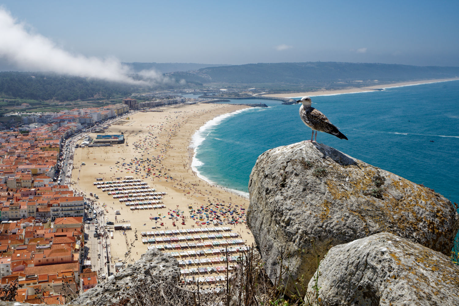 Nazaré aus der Vogelperspektive, im Hintergrund die Hafeneinfahrt. 